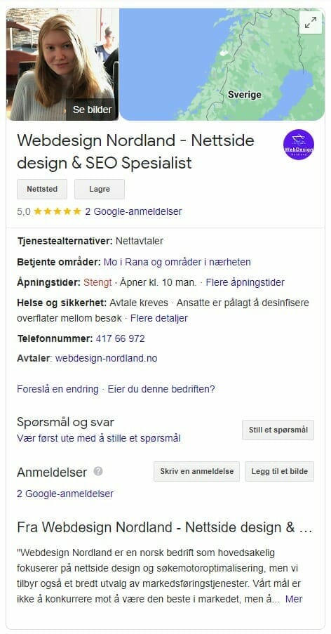 Eksempel Google Min bedrift-side